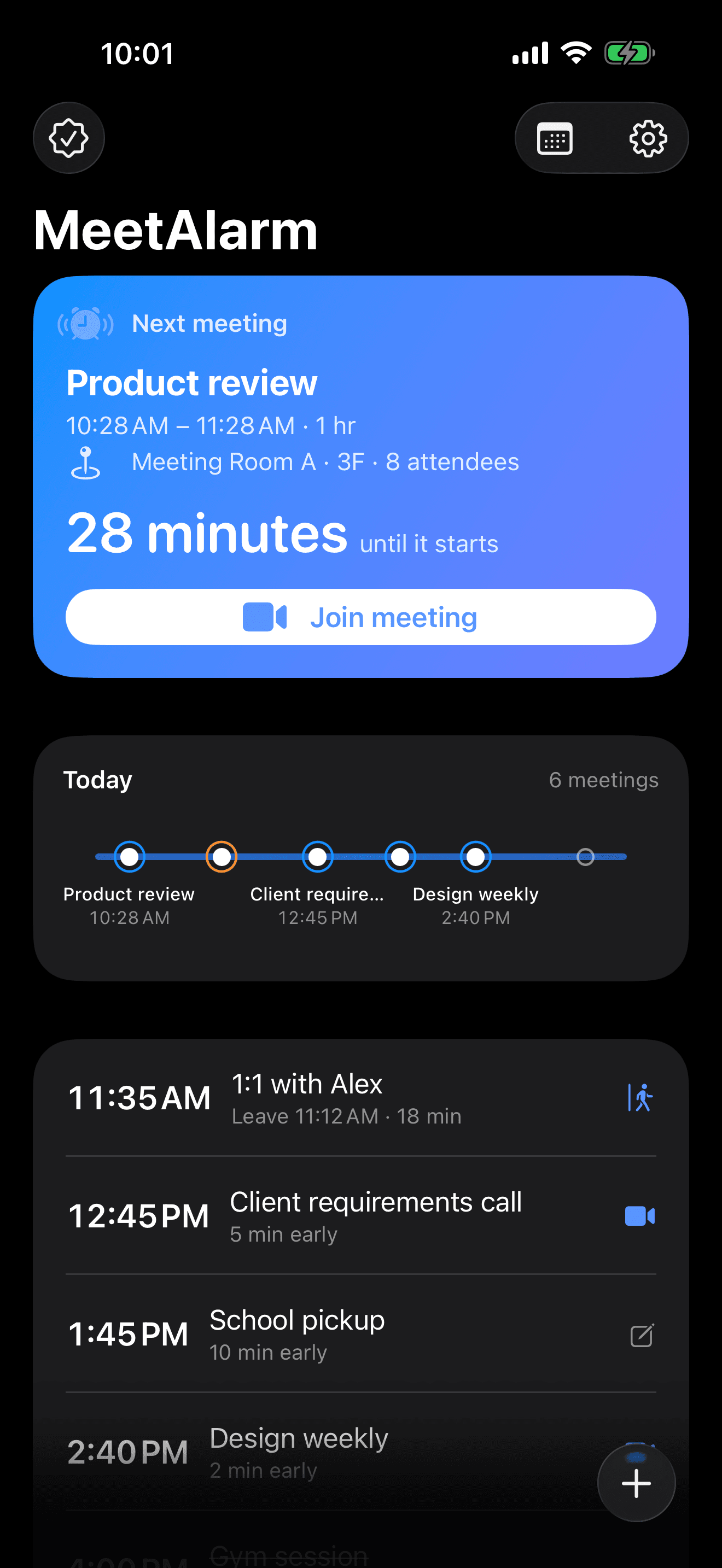 MeetAlarm timeline showing the next meeting with a live countdown and a Join button