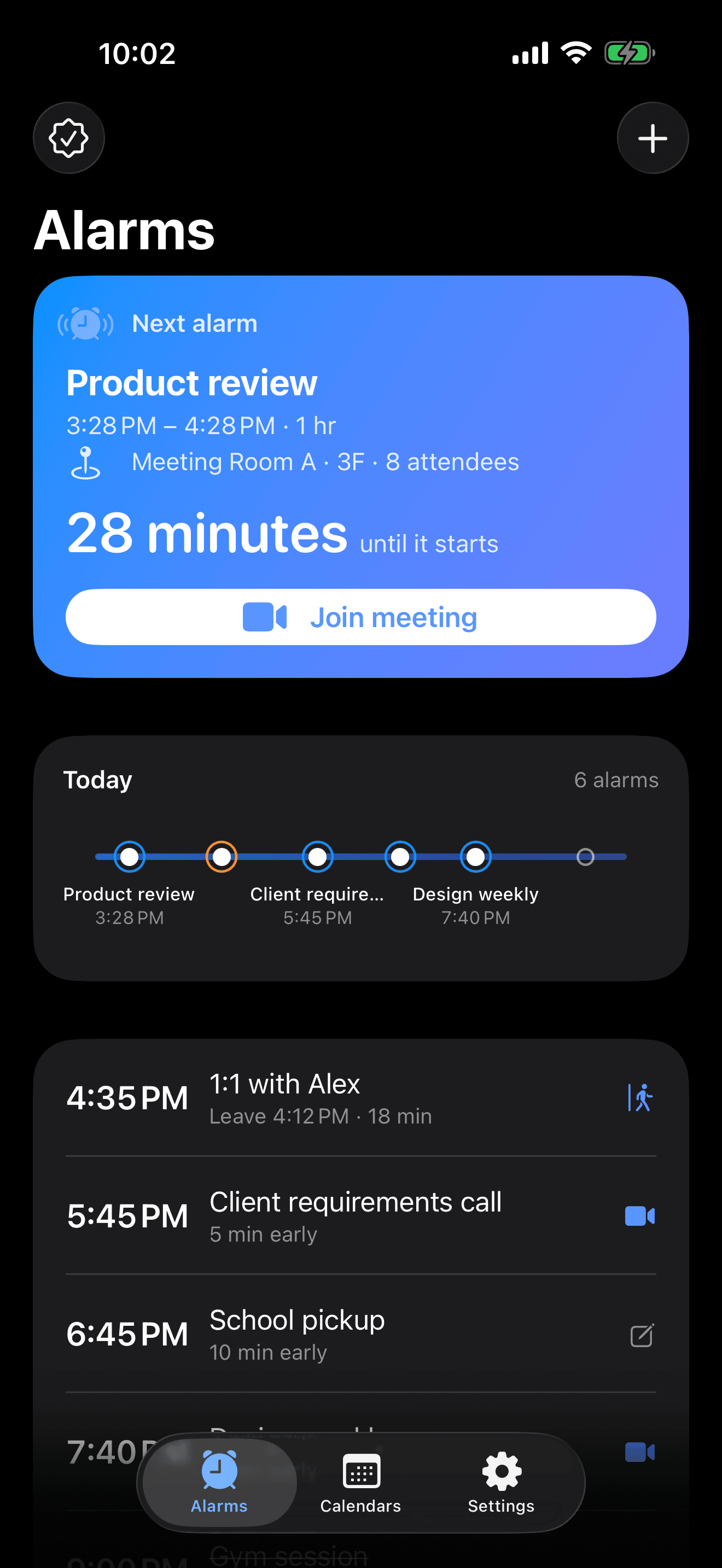 MeetAlarm Alarms screen showing the next alarm with a live countdown and a Join button