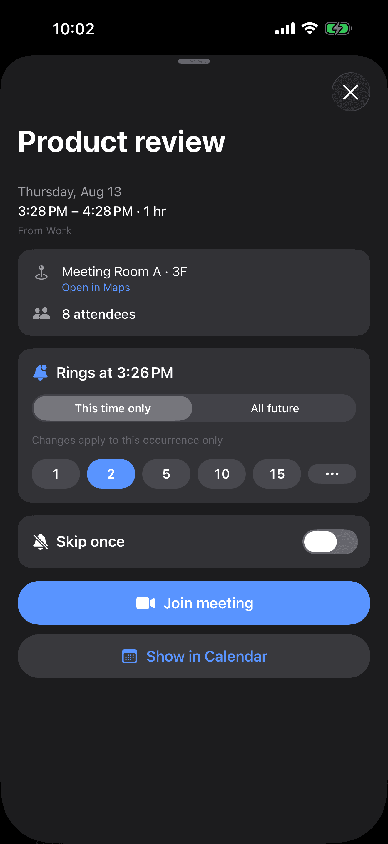 MeetAlarm meeting detail with a Join meeting button and per-meeting alarm lead time