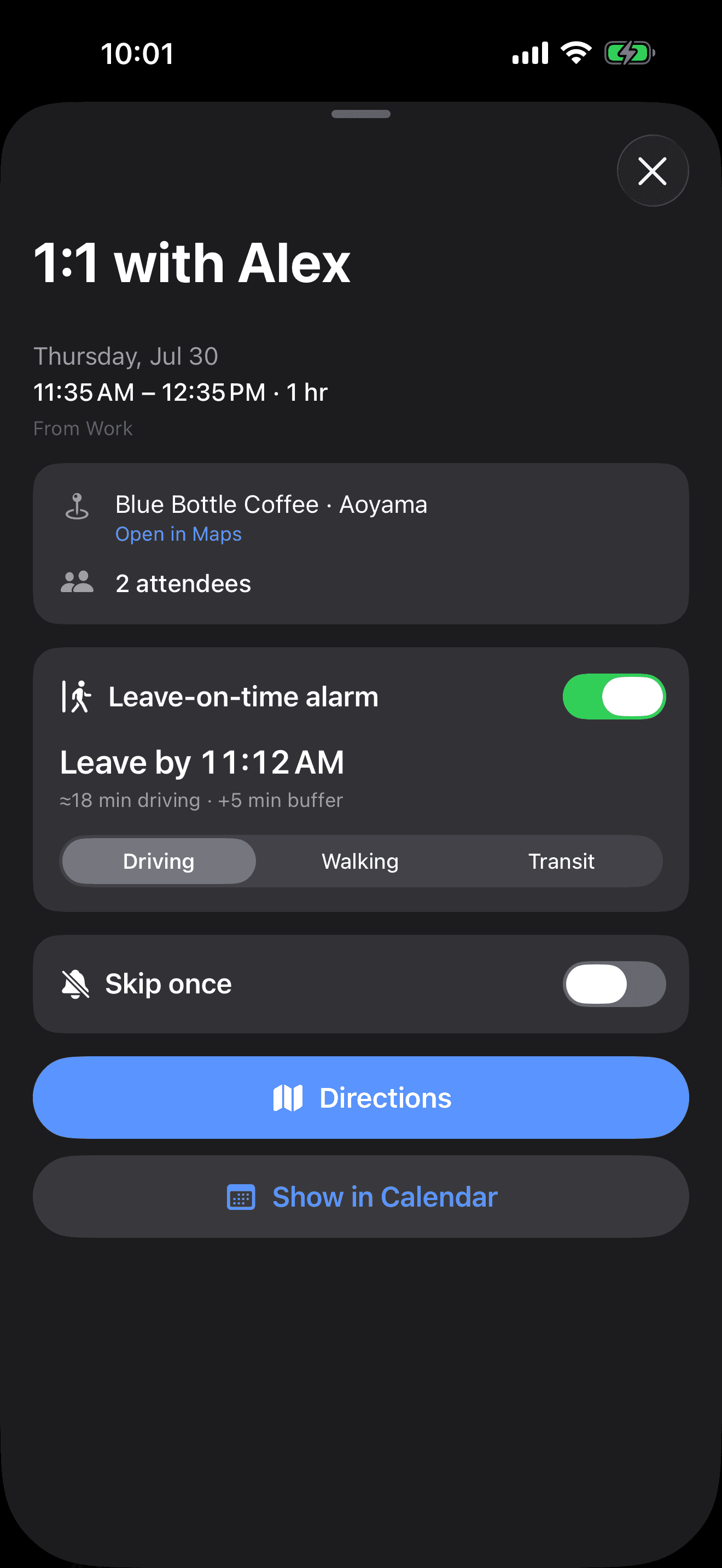 MeetAlarm leave-on-time alarm showing a leave-by time and driving travel estimate