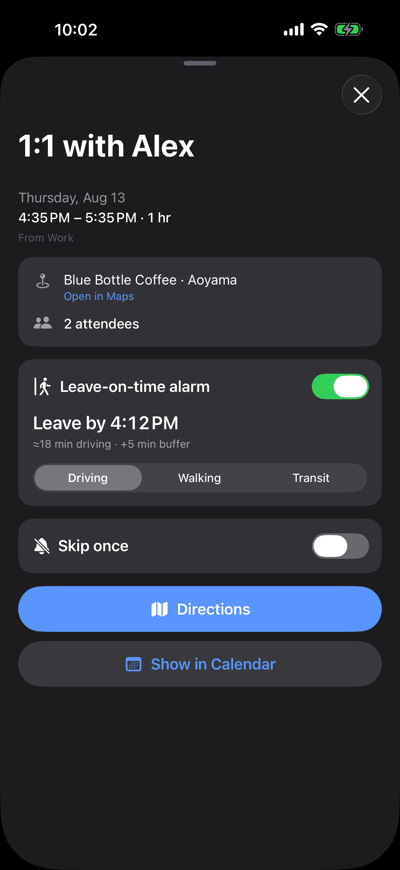 MeetAlarm leave-on-time alarm showing a leave-by time and driving travel estimate