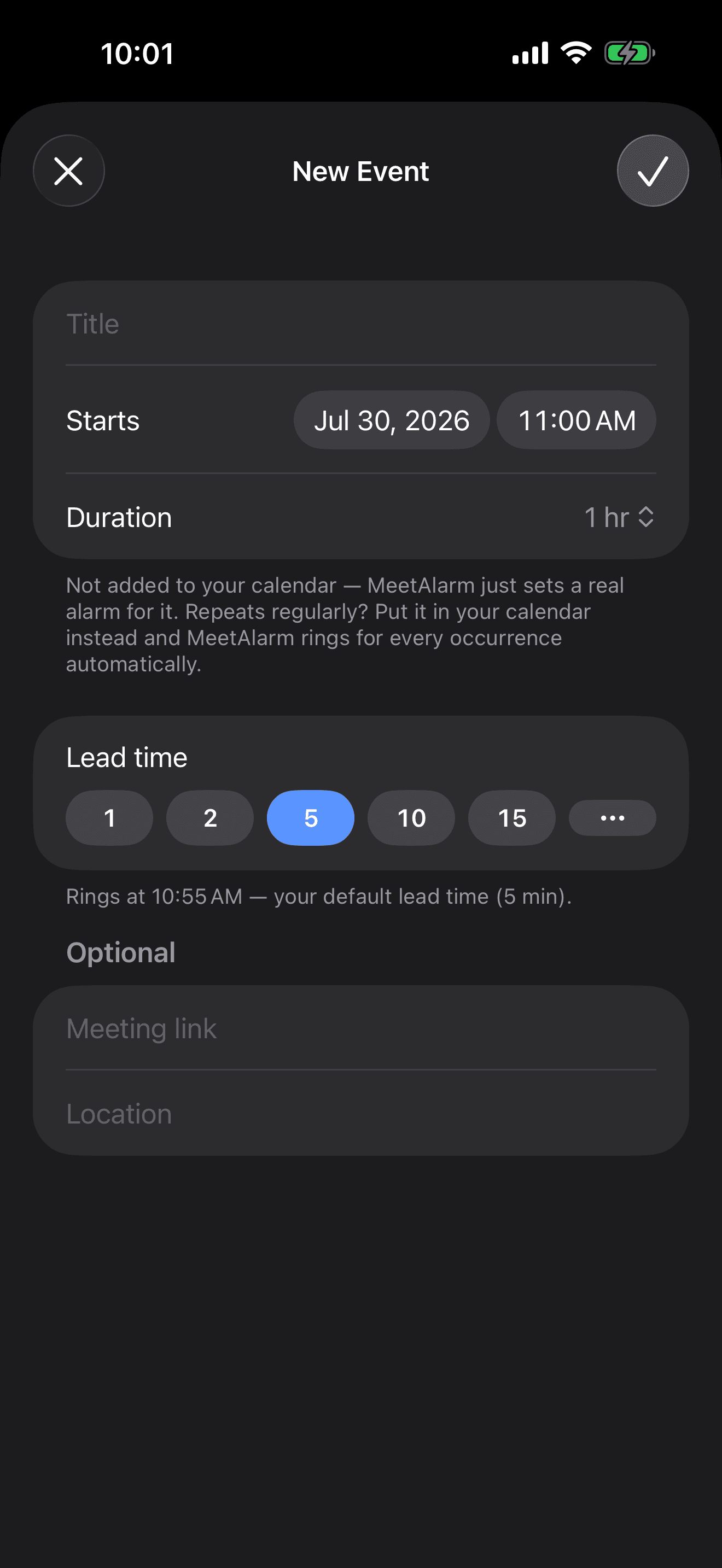 MeetAlarm new event form for adding a one-off manual alarm