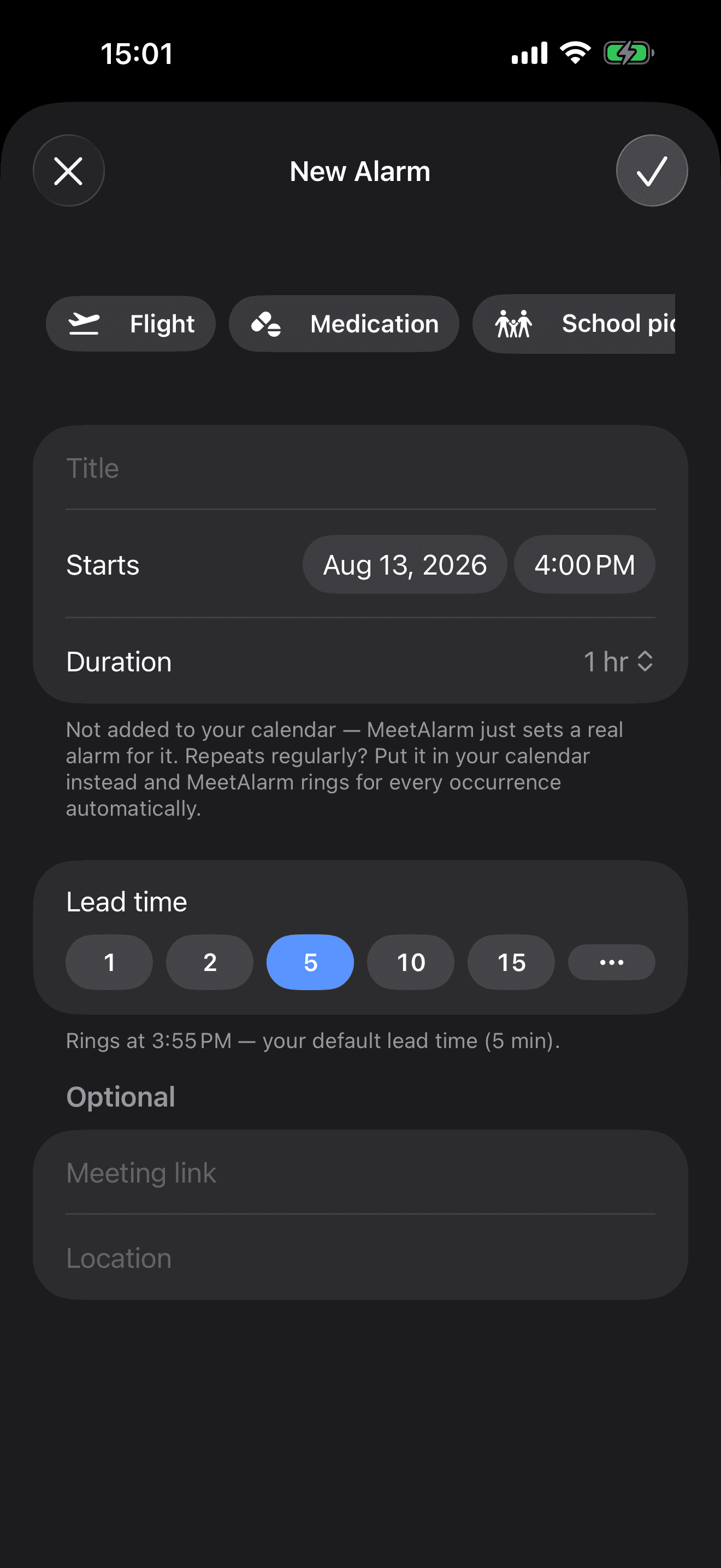 MeetAlarm New Alarm form with one-tap presets for flights, medications and pickups